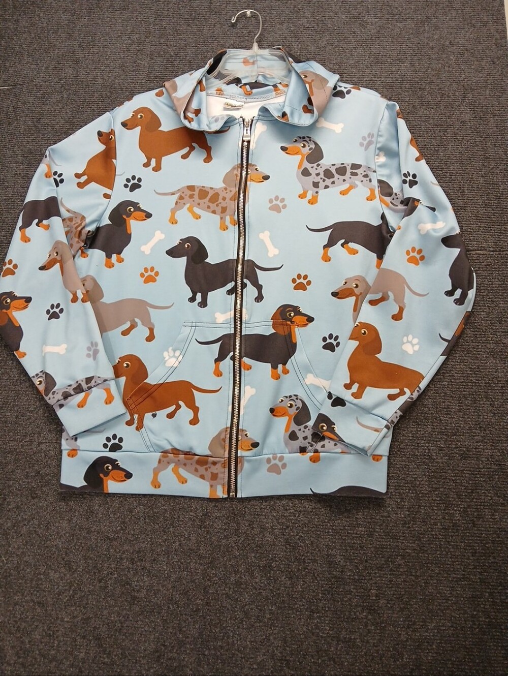 Light Blue Dachshund Print Zip-Up Hooded Jacket Women's SZ Medium